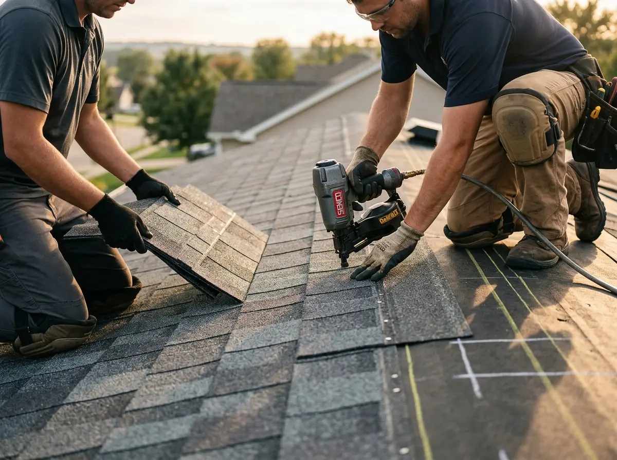 Professional roofer working on a residential roof in Forest Park